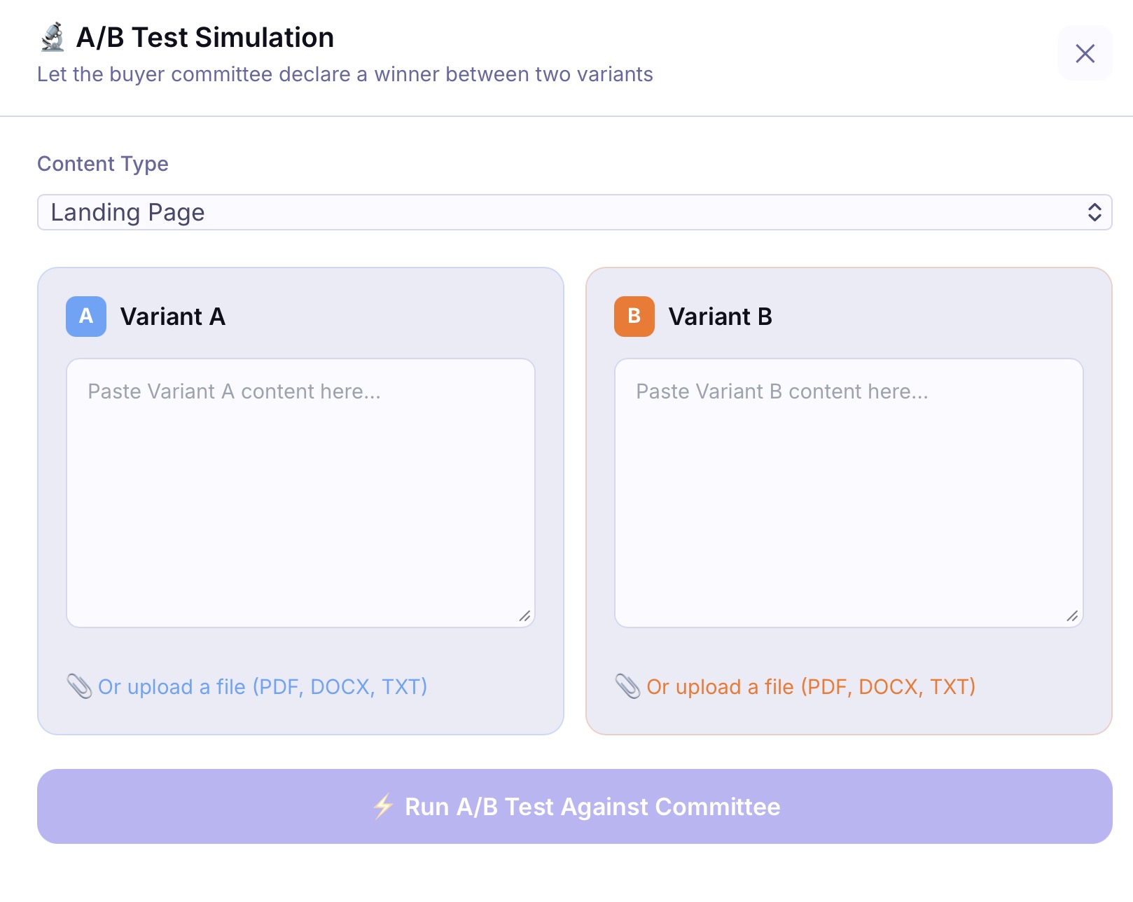 A/B Test panel with two variants