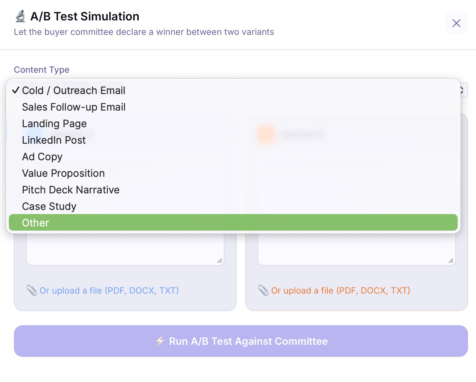 A/B test content type dropdown