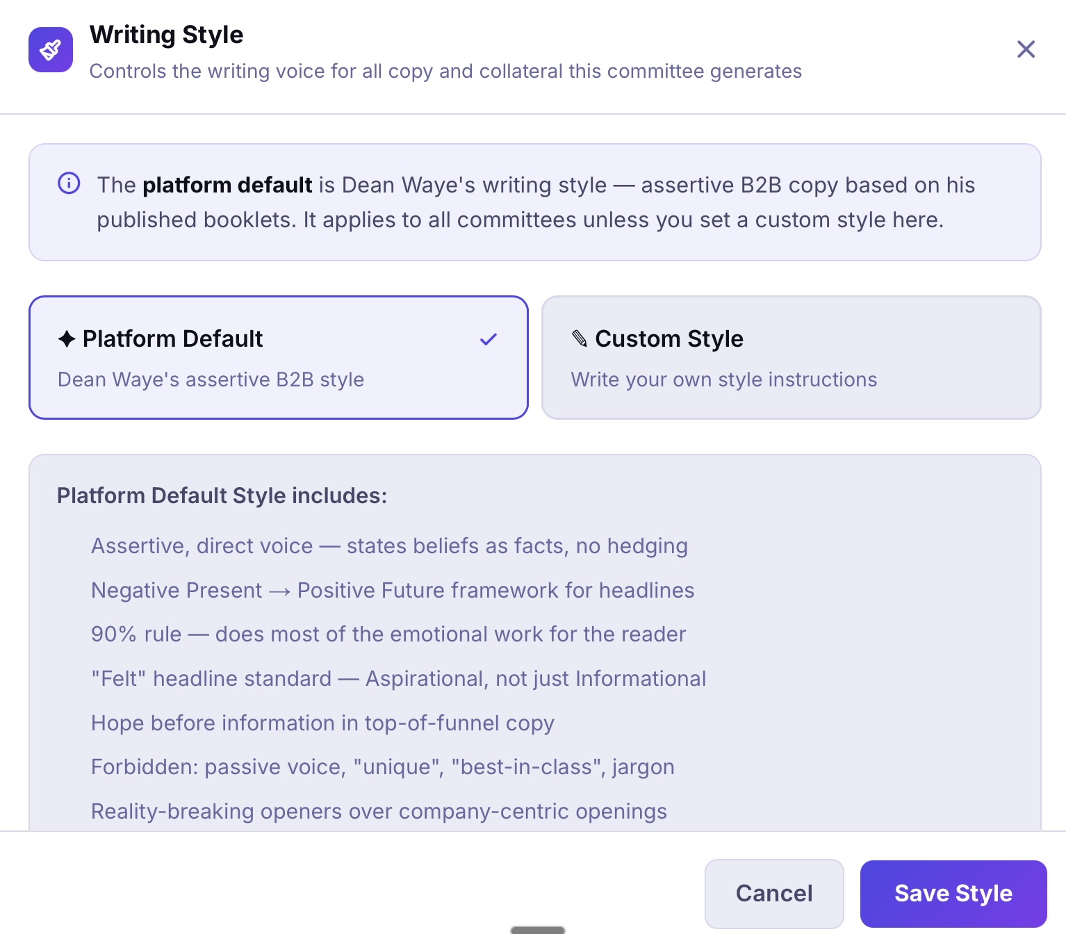 Writing Style panel showing platform default guidelines